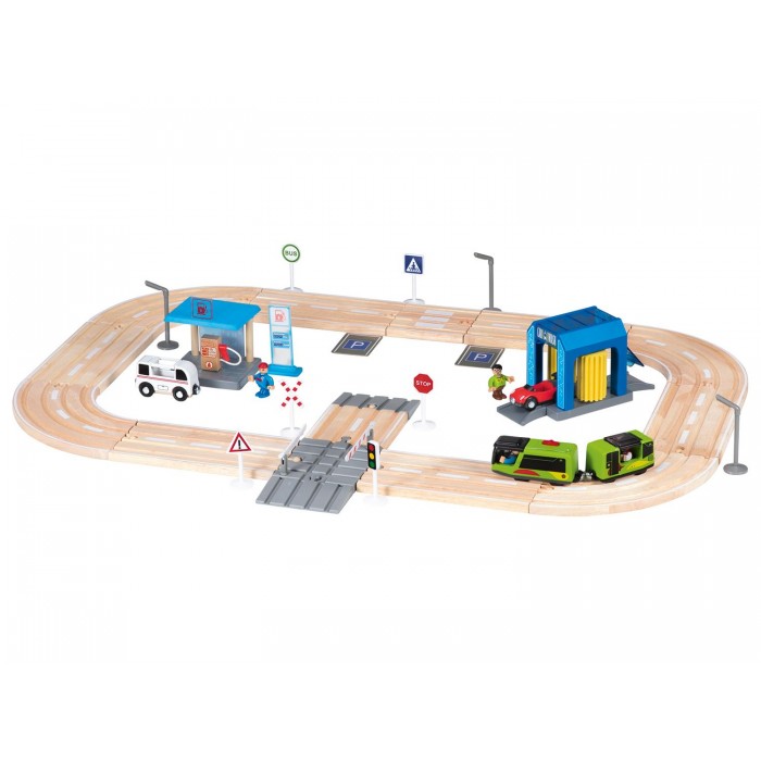 Set Trenulet electric cu baterie si pista auto din lemn Circuit Orasel  cu Spalatorie si Benzinarie